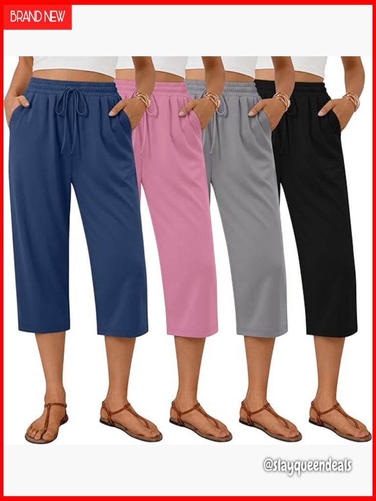 4 Pack Women's Capri Pants Wide Leg Yoga Sweatpants Drawstring Lounge Loose Fit